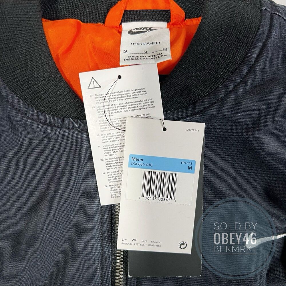 Nike Solo Swoosh Flight Bomber Jacket Black Canvas DX0680-010 Size M Oversized - Picture 4 of 8